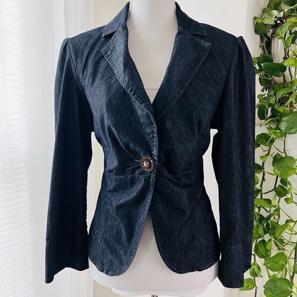 Apostrophe' Blue Stretchy Denim Single Jeweled Button Jacket - Size 12 - Picture 1 of 8